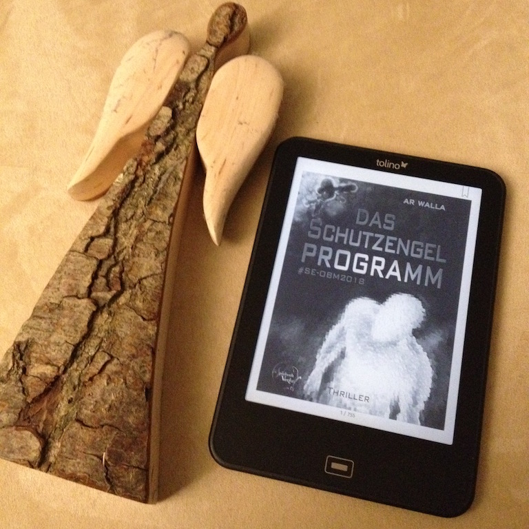 Foto vom Buchcover auf dem Ebook- Reader mit Engel von "Das Schutzengelprogramm" von AR Walla