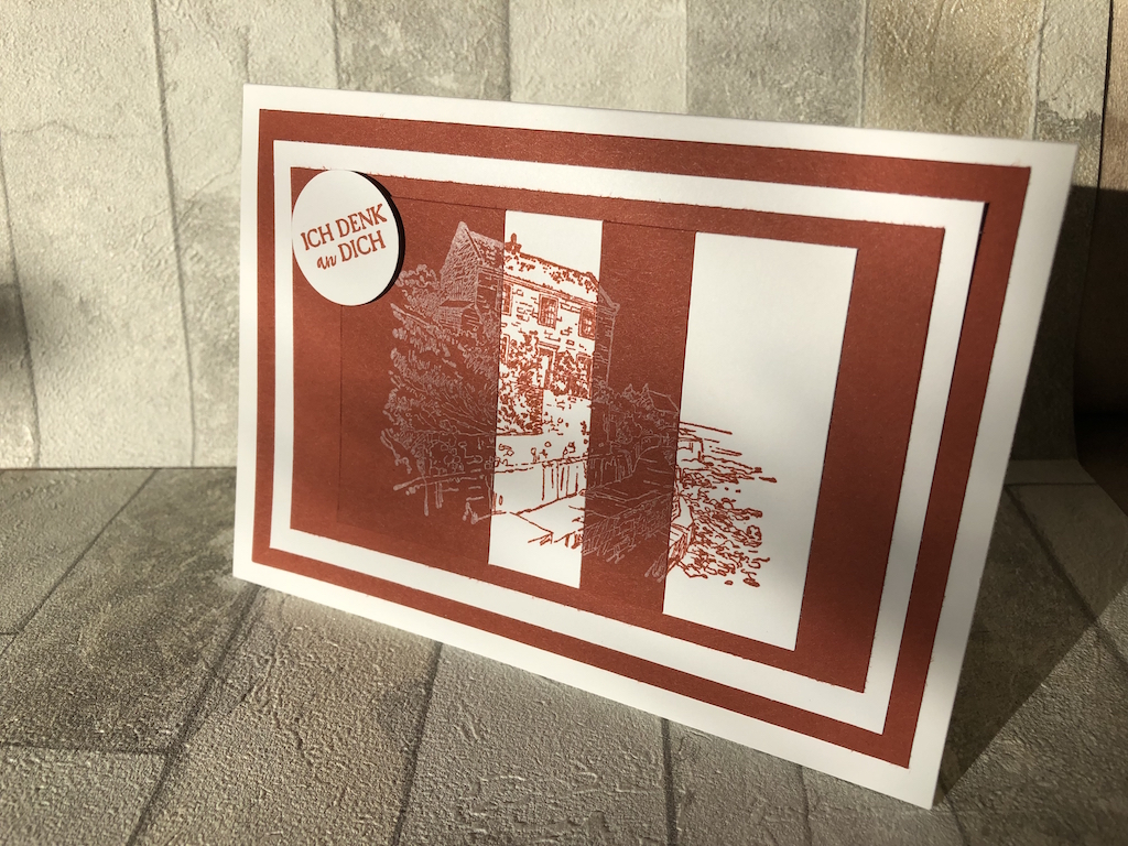 Karte mit Negativ Technik mit dem Spruch: Ich denk an dich.