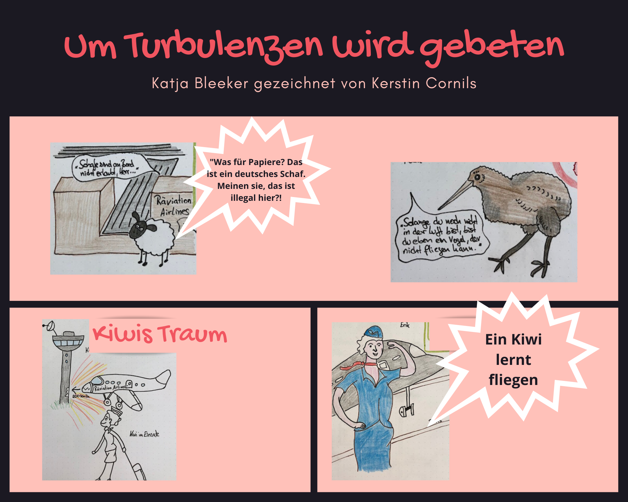 Skizzen von Kerstin Cornils zu der Buchreihe von Katja Bleeker Um Turbulenzen wird gebeten