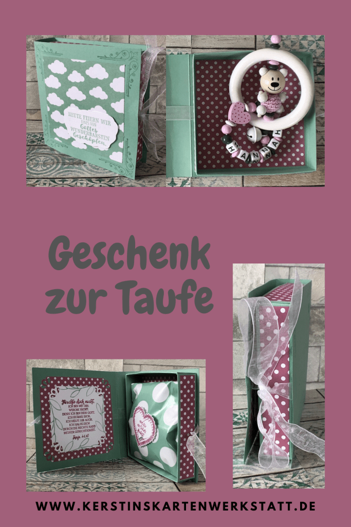 Geschenk zur Taufe verpackt in einer Box in Buchoptik