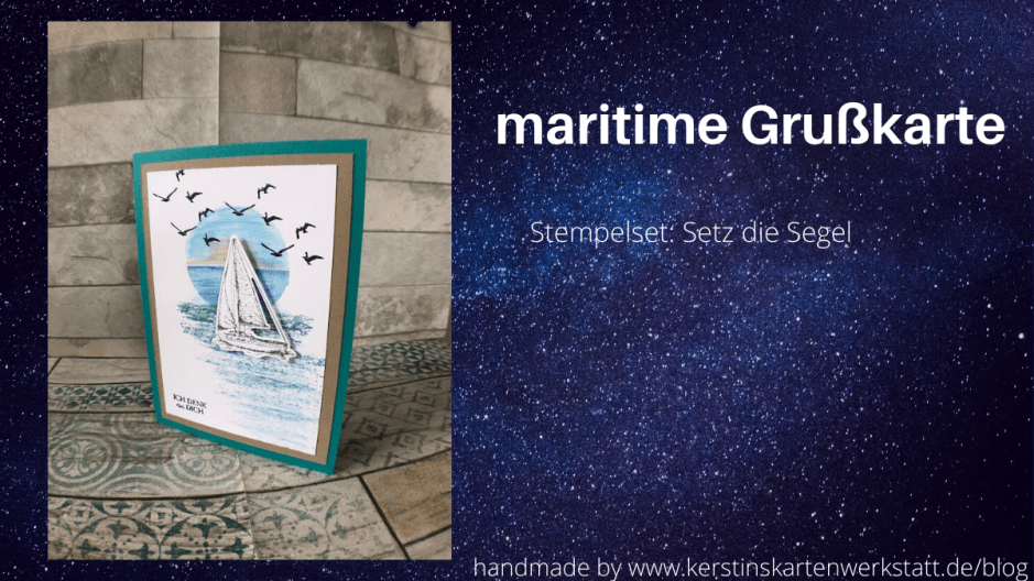 Grußkarte mit Segelboot und Möwen