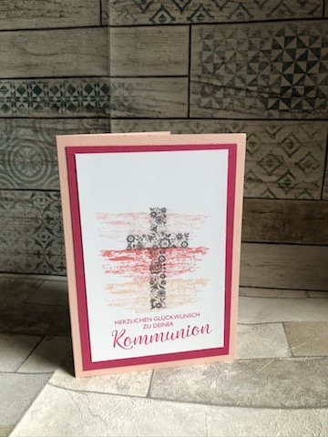 Kommunionkarte in Blütenrosa Kreuz