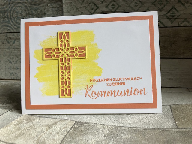 Kommunionkarte in Grapefruit Kreuz