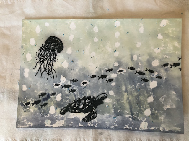 Bilder zur Anleitung der Stempeltechnik mit Rubbelkrepp bzw. Masking Marker