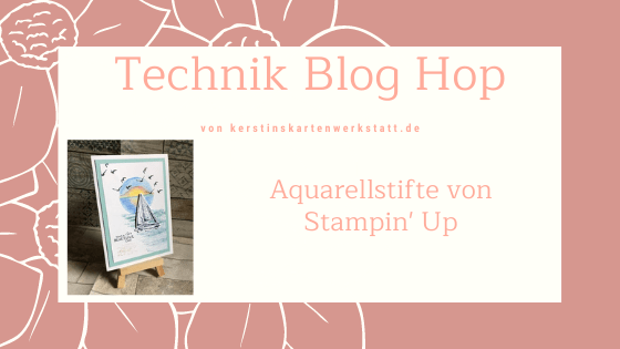 Grußkarte mit Sonnenuntergang, der erst mit den Aquarellstiften von Stampin' Up gemalt wurde und dann mit einem Wassertankpinsel in Form gebracht wurde.