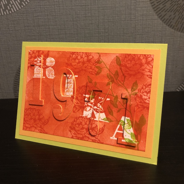 Stempeltechnik: Floating Letters und Josephs Coat Technik für eine Karte zum 50. Geburtstag