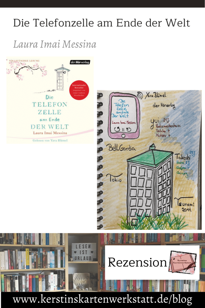 Grafik zum Pinnen bei Pinterest zur Rezension: Die Telefonzelle am Ende der Welt von Laura Imai Messina. Zu sehen ist das Hörbuchcover mit passendem Sketchnotes dazu. Unter anderem eine Skizze von der Telefonzelle in Bell Gardia