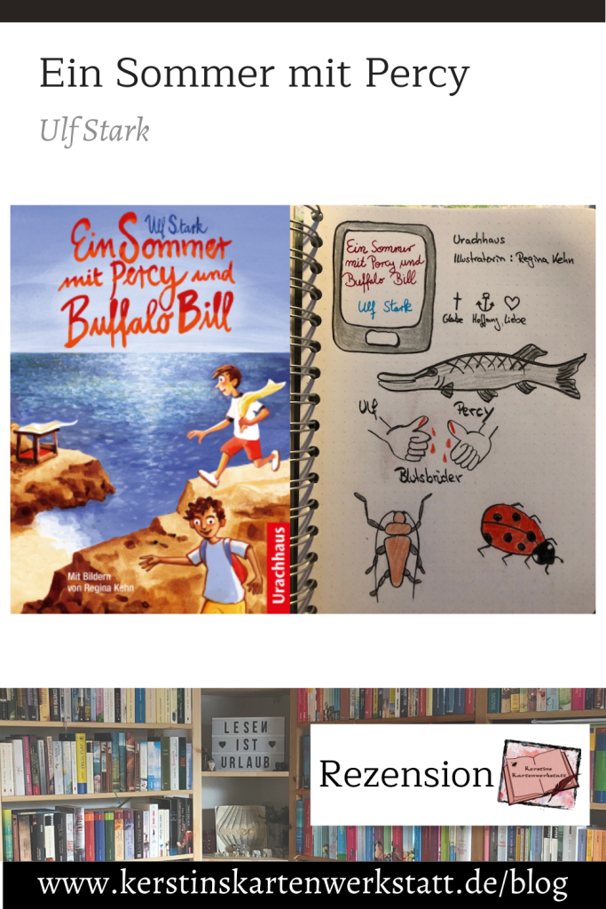 Zu sehen ist das Buchcover vom Kinderbuch: Ein Sommer mit Percy und Buffalo Bill von Ulf Stark. Dazu Sketchnotes zum Buch. Da ist ein gezeichneter Hecht, zwei Käfer und zwei Daumen die eine Blutsbruderschaft andeuten.