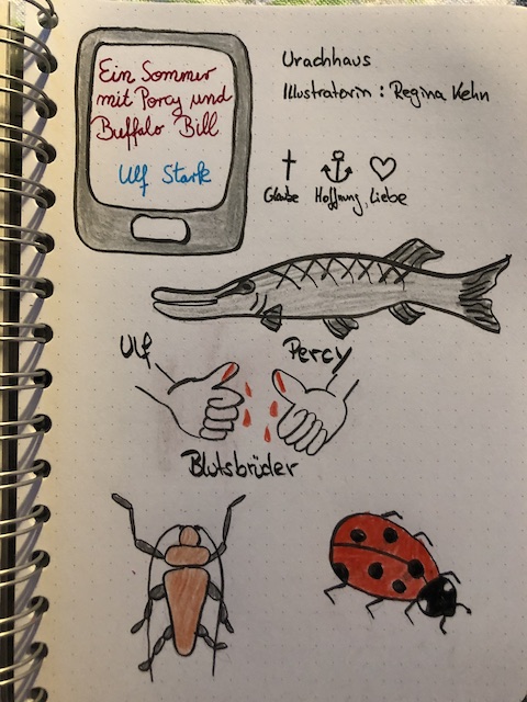 Zu sehen sind Sketchnotes zum Kinderbuch: Ein Sommer mit Percy und Buffalo Bill von Ulf Stark. Da ist ein gezeichneter Hecht, zwei Käfer und zwei Daumen die eine Blutsbruderschaft andeuten.