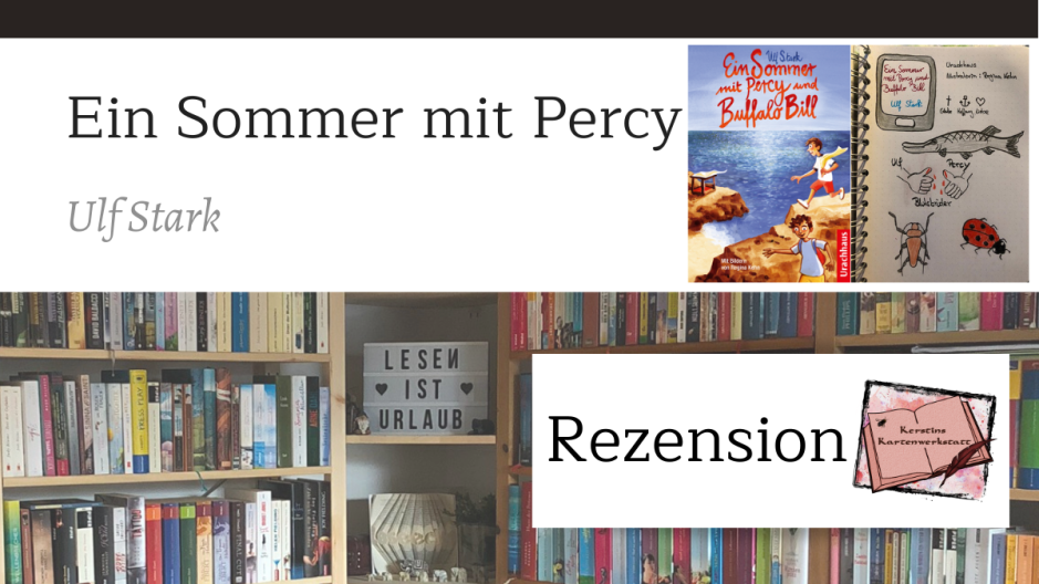 Zu sehen ist das Buchcover vom Kinderbuch: Ein Sommer mit Percy und Buffalo Bill von Ulf Stark. Dazu Sketchnotes zum Buch. Da ist ein gezeichneter Hecht, zwei Käfer und zwei Daumen die eine Blutsbruderschaft andeuten.