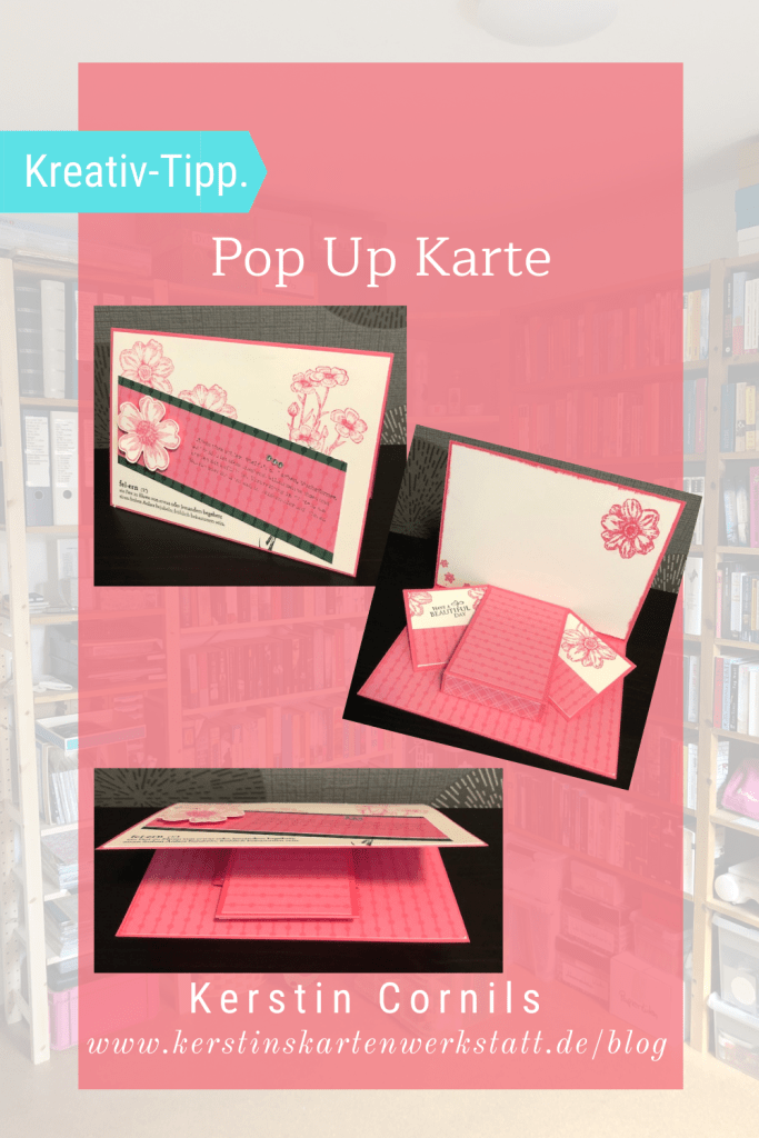 Zu sehen ist eine Pop Up Karte mit Flügeln. Auf der rosanen Grundkarte ist ein Auflieger in Vanille Pur geklebt. Dadrauf sind verschiedene Blüten in rosa gestempelt. Quer darüber liegen zwei Papierstreifen in dunkelgrün und rosa auf denen eine erhabene Blüte geklebt ist. Unter den Streifen ist ein Spruch gestempelt, der lautet: fei-ern (v) ein Fest zu Ehren von etwas oder jemandem begehen; einen frohen Anlass bejubeln; fröhlich beisammen sein.