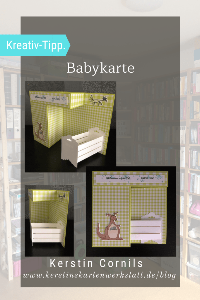 Double Z Fold Babycards. Eine Babykarte mit Effekt. Zu sehen ist eine Karte mit einem weißen Kinderbettchen. Die vermeintlichen Wände sind leer, dort ist viel Platz um sie mit den Daten des Babys zu füllen.