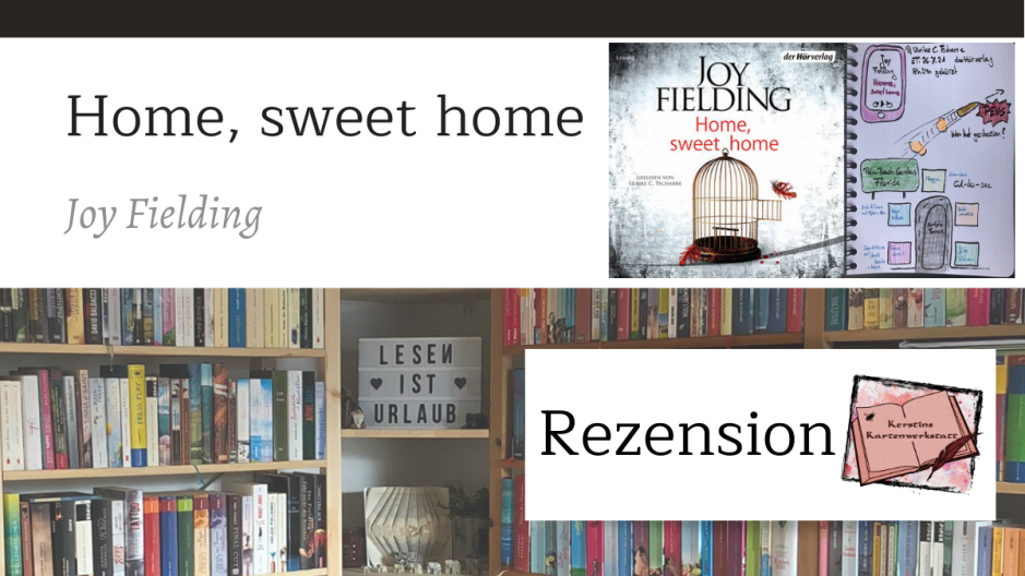 Das Blog Banner zur Rezension zeigt Sketchnotes zum Hörbuch und das Cover von: Home, sweet home von Joy Fielding. Zu sehen ist ein offener Vogelkäfig über dessen Tür eine rote Feder fliegt. ein paar rote Tropfen sind unweit der Türöffnung zu sehen.