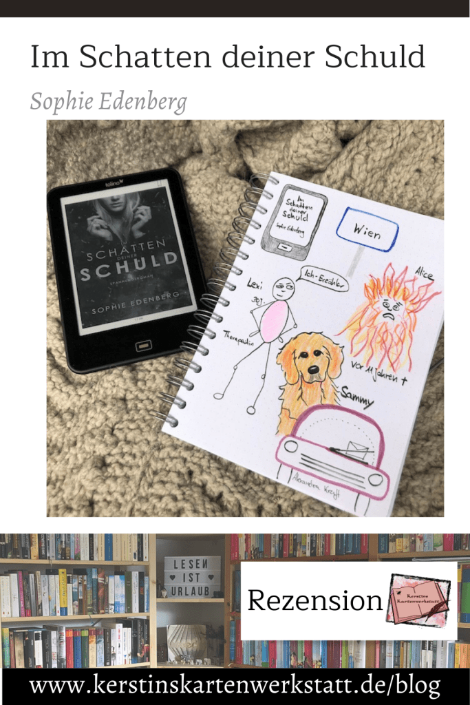 Pinterest Grafik zur Buch-Rezension: Im Schatten deiner Schuld von Sophie Edenberg. Zu sehen ist ein Foto vom Ebook und daneben Sketchnotes zum Buch. Unteranderem ein Strichmännchen und ein Hund.