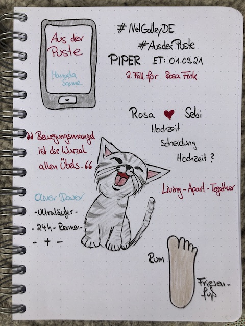 Sketchnotes zur Buch Rezension: Aus der Puste von Manuela Sanne. Zu sehen ist unter anderem eine junge gezeichnete Katze mit grauem Tigermuster und ein Fuß, der einen Keks darstellen.