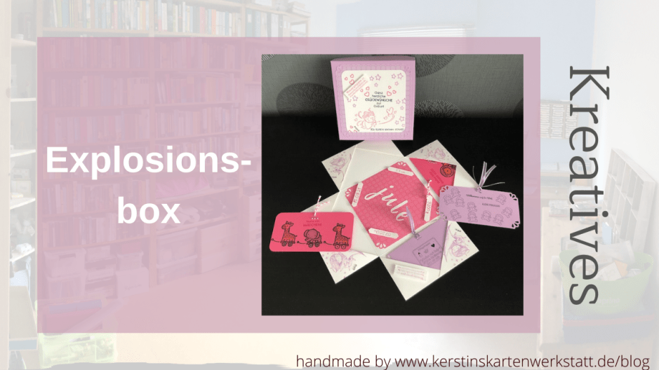 Explosionsbox zur Geburt eines Mädchens. Die Box ist in einem Fliederton gehalten. Bestempelt ist der Deckel mit Sternen und Herzen und einem Engel bzw. Amor der Herzen verschießet. Folgende Sprüche sind gestempelt: Ganz herzliche Glückwünsche zur Geburt und Für euren kleinen Schatz.