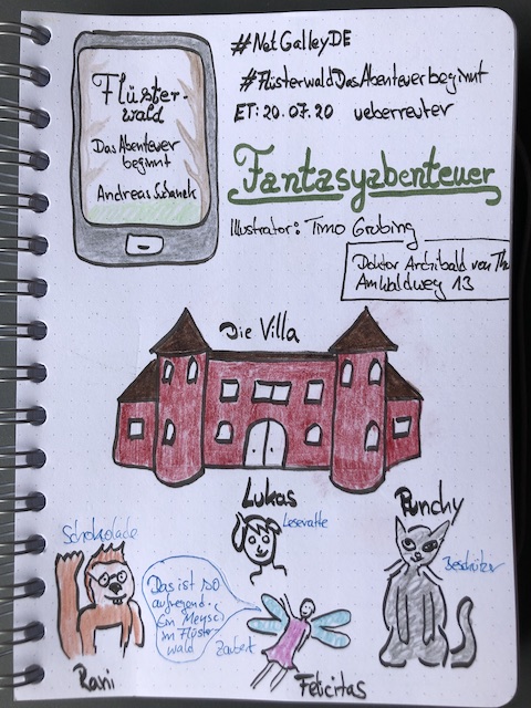 Sketchnotes zum Kinder- und Jugendbuch: Flüsterwald - Das Abenteuer beginnt von Andreas Suchanek. Gezeichnet ist eine Villa mit zwei Türmen, eine Katze, ein Menok, eine Elfe und das Gesicht von Lukas.