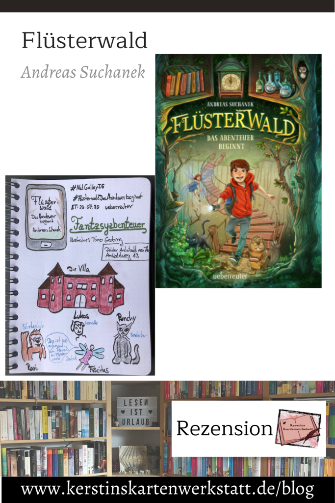 Cover vom Jugendbuch: Flüsterwald Das Abenteuer beginnt von Andreas Suchanek und Sketchnotes zum Buch