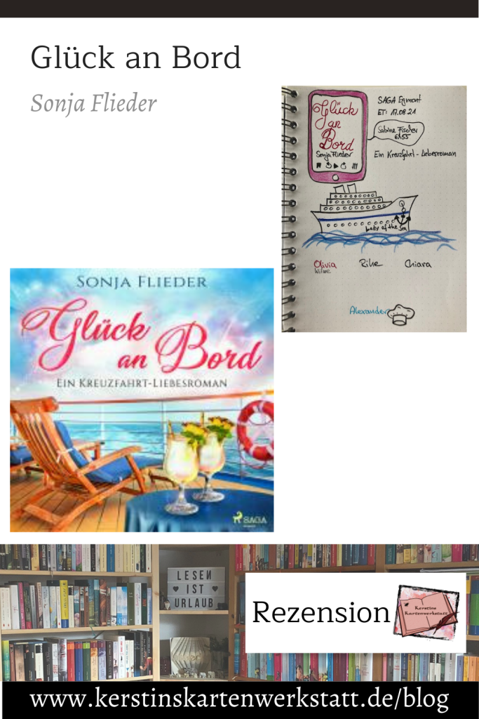 Pinterest Grafik zur Hörbuch Rezension: Glück an Bord von Sonja Flieder. Zu sehen ist das Hörbuch Cover mit Liegestuhl und zwei Cocktail Gläsern mit Blick über die Rehling aufs Meer. Und Sketchnotes zum Hörbuch mit einem gezeichneten Kreuzfahrtschiff.