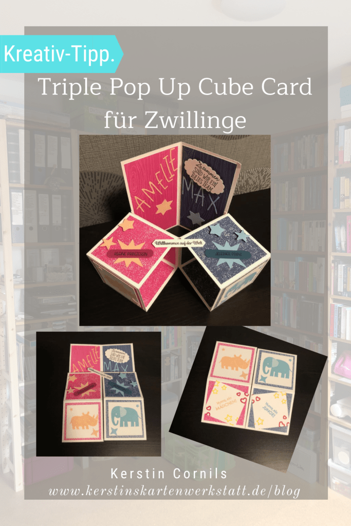 Triple Pop Up Cube Card für Zwillinge. Die Karte ist in Pink und Blau gebastelt. Die Seite für Amelie ist pink mit Sternen und einem Nashorn und die Seite für Max ist blau mit Sternen und einem Elefanten.