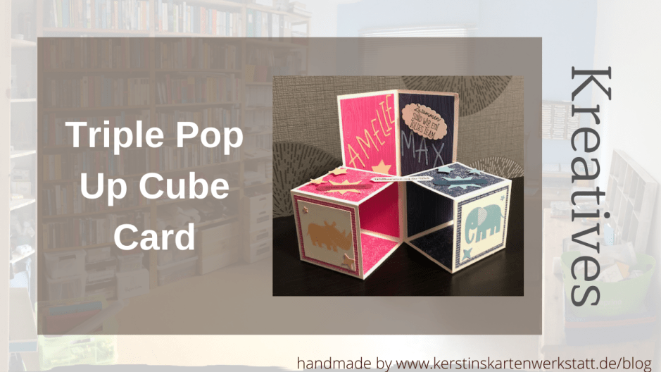 Triple Pop Up Cube Card für Zwillinge. Die Karte ist in Pink und Blau gebastelt. Die Seite für Amelie ist pink mit Sternen und einem Nashorn und die Seite für Max ist blau mit Sternen und einem Elefanten.