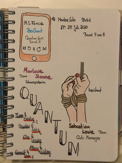 Sketchnotes zur Hörbuch Rezension: Berühmt Quantum- Serie Band 8 von M. S. Force (Marie Force) Auf den Sketchnotes sind unter anderem gefesselte Hände gezeichnet.