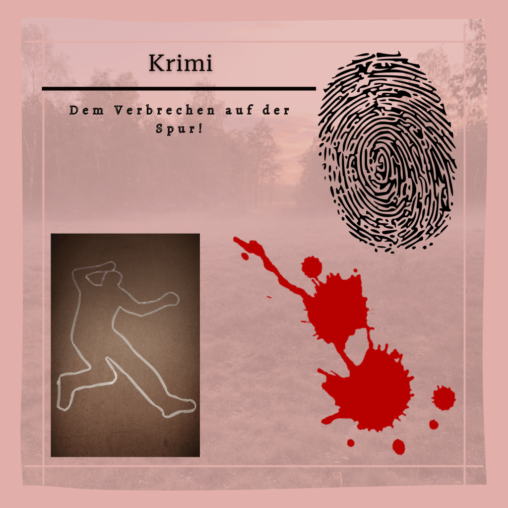 Grafik zum Beitrag K wie Krimi. Zusehen ist ein Fingerabdruck, Umrisse einer Person mit Kreide gezeichnet und rote Blutfelcken