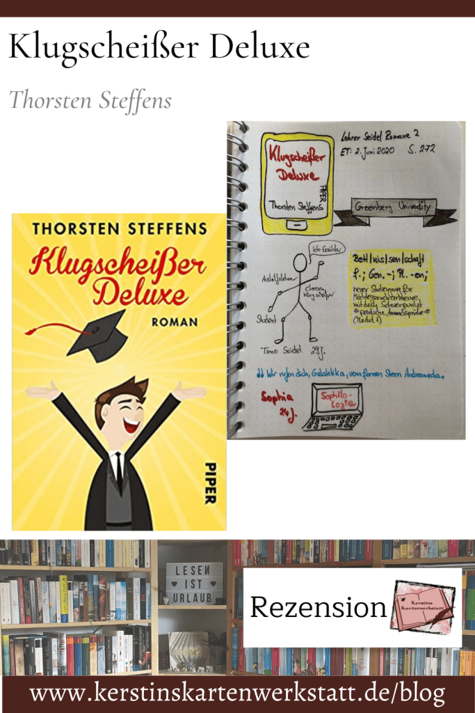 Beitragsbild zur Buch Rezension: Klugscheißer Deluxe von Thorsten Steffens aus dem Piper Verlag. Zu Sehen ist unter anderem das Buchcover und Sketchnotes zum Roman