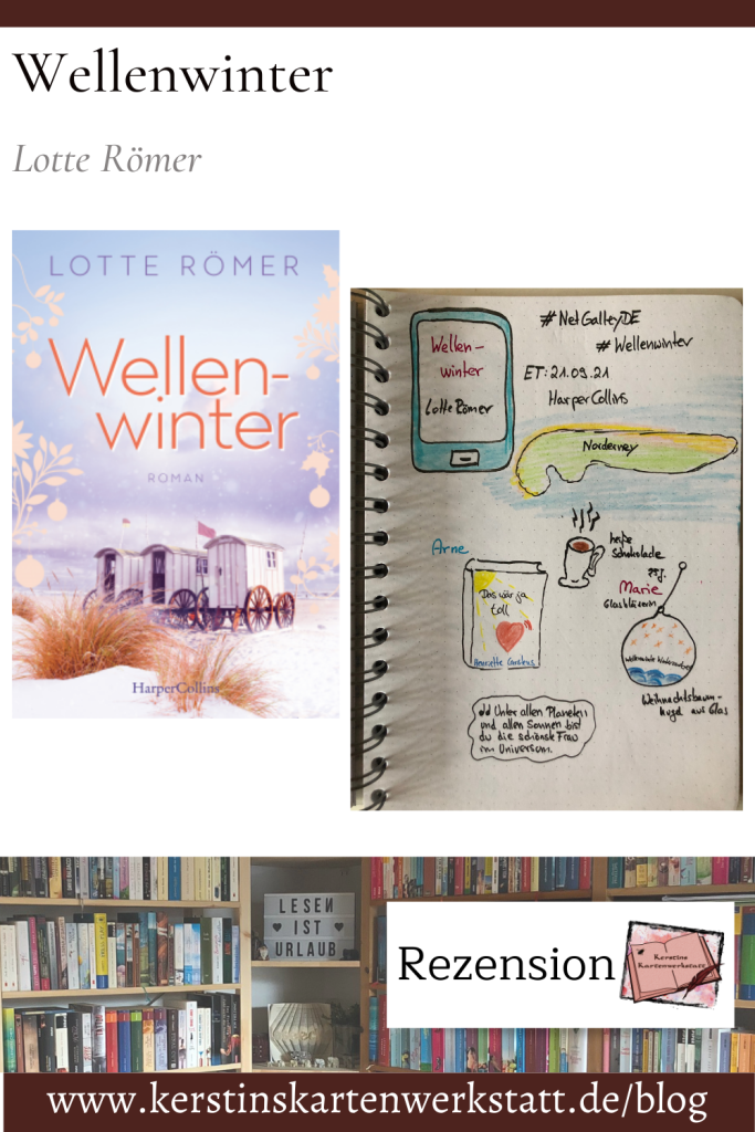 Pinterestgrafik zur Buch Rezension: Wellenwinter von Lotte Römer erschienen bei HarperCollins. Mit Sketchnotes zum Liebesroman