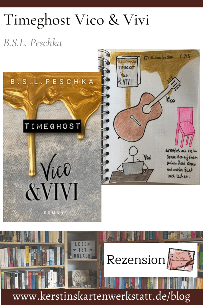 Beitragsbild zur Buch Rezension: Timeghost Vico & Vivi von B.S.L. Peschka. Zu sehen ist das Buchcover und Sketchnotes zum Roman