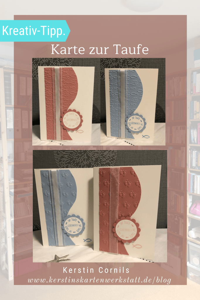 gebastelte Karte zur Taufe mit geprägten Fischen und Füßen in blau und rosa und dem Text: Glückwunsch zur Taufe.