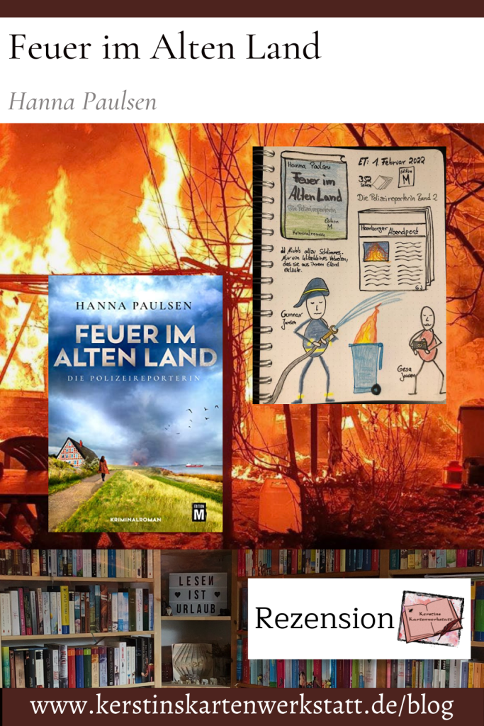 Bild zur Buchrezension vom Kriminalroman: Feuer im Alten Land von Hanna Paulsen erschienen bei Edition M. Zusehen ist das Buchcover und Sketchnotes zum Roman