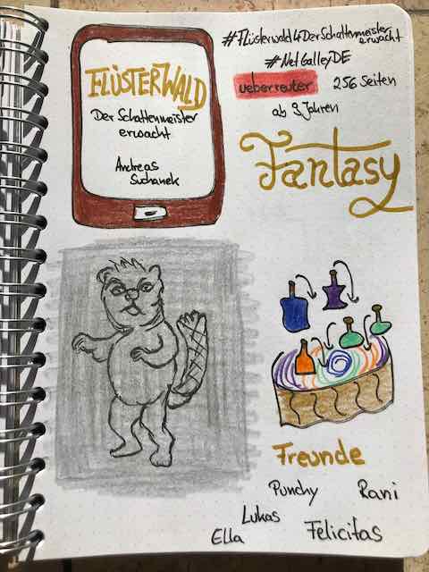 Sketchnotes zur Rezension vom Kinderbuch: Flüsterwald Der Schattenmeister erwacht von Andreas Suchanek auf dem Ueberreuter Verlag