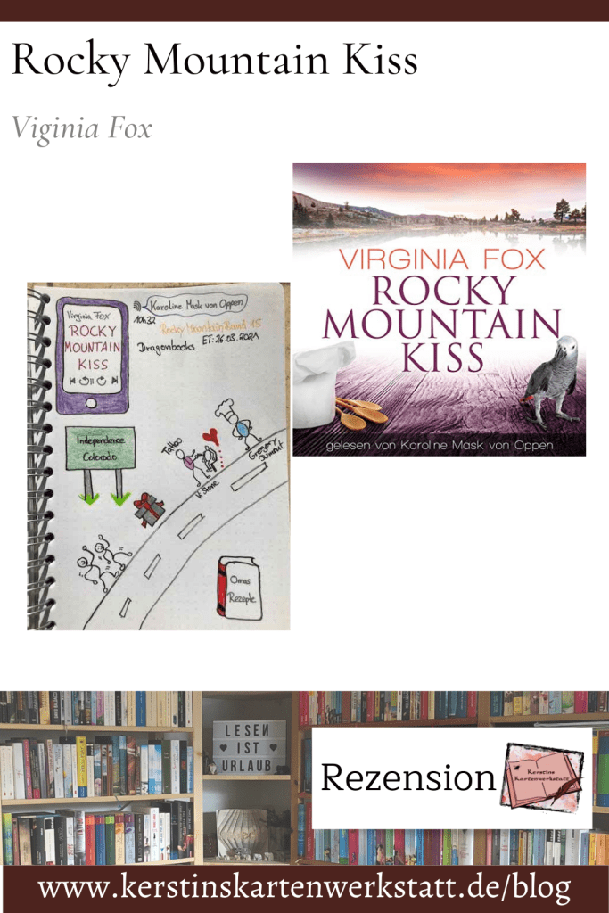 Beitragsbild zur Hörbuch Rezension: Rocky Mountain Kiss von Virginia Fox erschienen im Dragonbooks Verlag eingesprochen von Karoline Mask von Oppen. Zusehen ist unter anderem das Cover vom Hörbuch und Sketchnotes von Kerstins Kartenwerkstatt