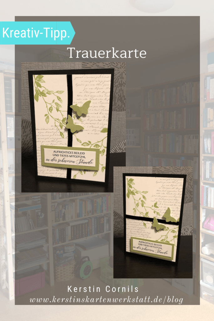 Handmade Trauerkarte in Schwarz, Vanille Pur und Farngrün mit Ranken, Schrift Hintergrund und dem Spruch: Aufrichtiges Beileid und tiefes Mitgefühl in der schweren Stunde