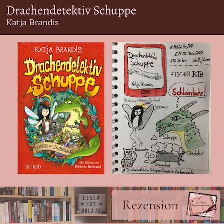 Beitragsbild mit Cover und Sketchnotes zum Kinderbuch: Drachendetektiv Schuppe - Chaos im Zauberwald von Katja Brandis