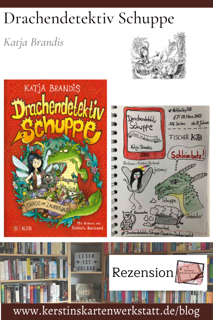 Beitragsbild mit Cover und Sketchnotes zum Kinderbuch: Drachendetektiv Schuppe - Chaos im Zauberwald von Katja Brandis