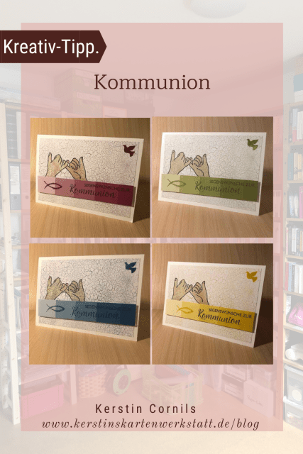 Grußkarte zur Kommunion, zwei Hände gestempelt, die sich an den kleinen Fingern festhalten, eine Friedenstaube in der oberen rechten Ecke, ein blauer Streifen mit Fisch und Spruch: Segenswünsche zur Kommunion