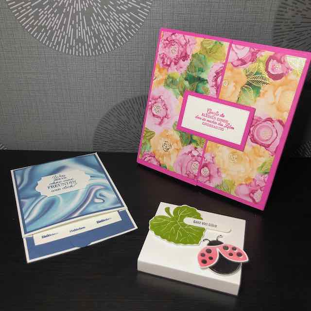 Swaps von Sabine: Eine Karte mit Kniff, eine kleine Box mit Marienkäfer und eine große Schachtel mit schokoladigem Inhalt