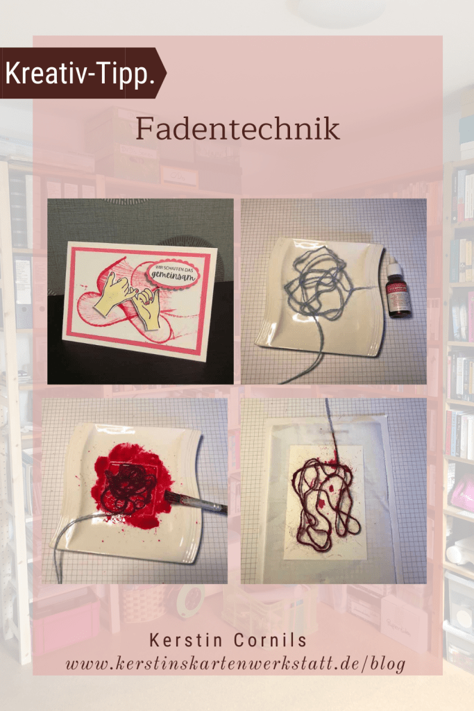 Grußkarte mit Händen zum Thema: Gemeinsam sind wir stark. Der Hintergund wurde mit der Fadentechnik gestaltet.