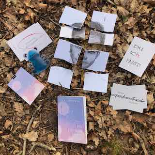 Inhalt der Buchbox vom Liebesroman: Der Platz an deiner Seite von B.S.L. Peschka. Zusehen ist das Buch, eine passende Karte, verschiedene Postkarten, ein Kühlkissen in Form eines Bären in blau und eine zerrissene Porträtzeichnung