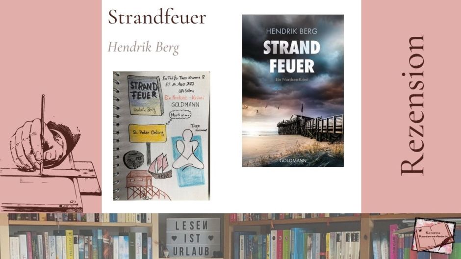Bild zur Rezension vom Nordsee-Krimi: Strandfeuer von Hendrik Berg aus dem Heyne Verlag. Abgebildet ist das Cover und Sketchnotes zum Krimi von Kerstin Cornils