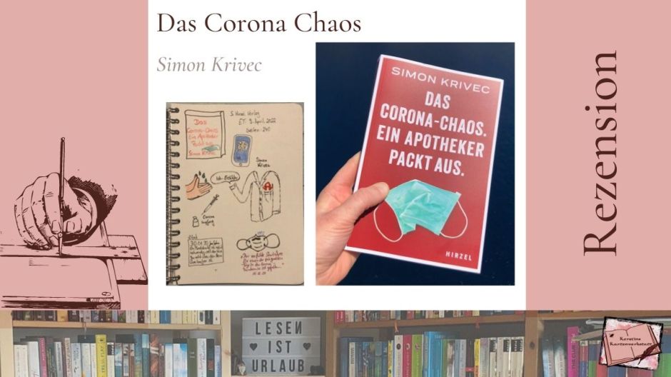 Beitragsbild zur Rezension vom Buch: Das Corona Chaos von Simon Krivec. Zu sehen ist ein Foto vom Buch und Sketchnotes zur Geschichte.