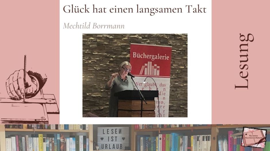 Beitragsbild zur Lesung mit Mechtild Borrmann in Lohne. Zu sehen ist die Autorin hinter einem Lesepult.