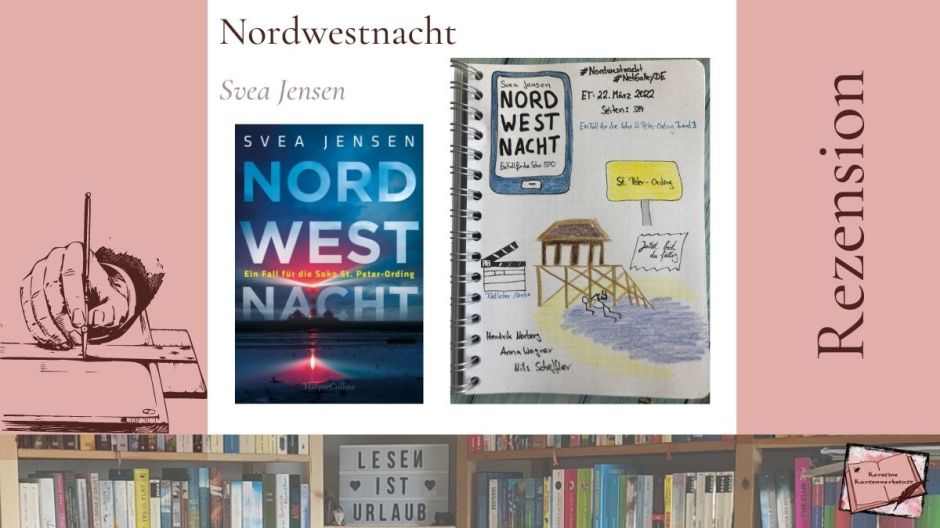 Bild zur Rezension vom Kriminalroman: Nordwestnacht von Svea Jensen. Zu sehen ist unter anderem das Cover des Krimis und Sketchnotes zum Buch