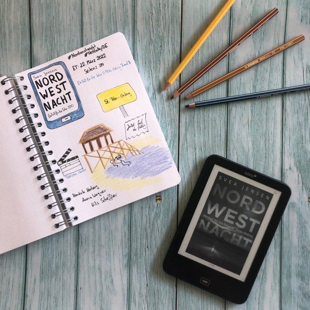 Bild zur Rezension vom Kriminalroman: Nordwestnacht von Svea Jensen. Zu sehen ist unter anderem das Cover des Krimis und Sketchnotes zum Buch