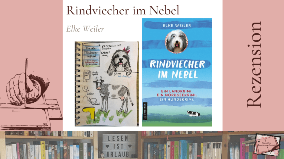 Rezension zum Hunde-Krimi: Rindviecher im Nebel von Elke Weiler. Abgebildet ist unter anderem das Cover und Sketchnotes zum Buch