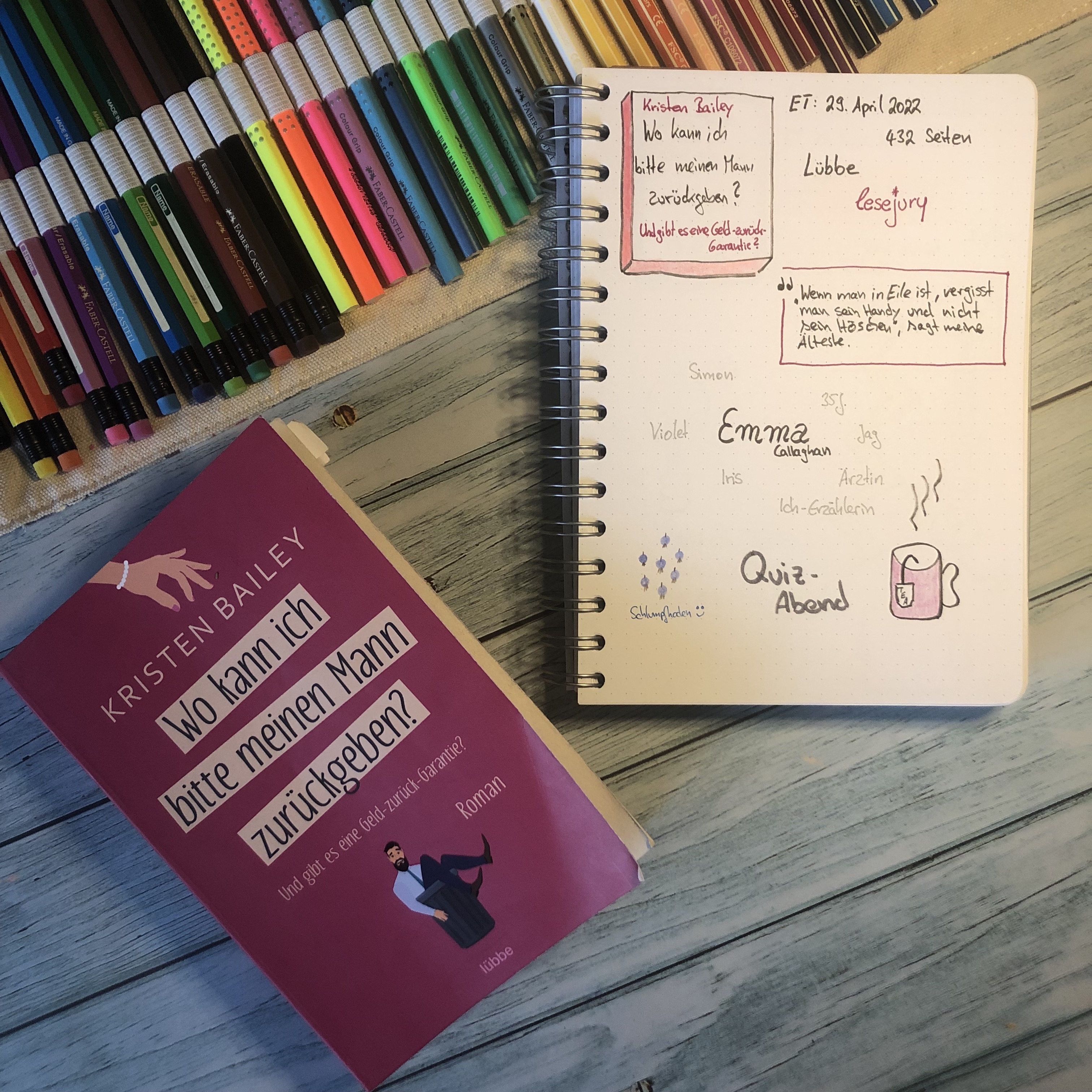 Rezension und Sketchnotes zum Roman: Wo bitte kann ich meinen Mann zurückgeben? Und gibt es eine Geld-zurück-Garantie? von Kristen Bailey