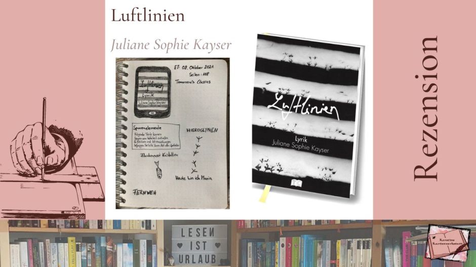 Beitragsbild mit Cover und Sketchnotes zur Rzension von: Luftlinien Lyrik von Juliane Sophie Kayser