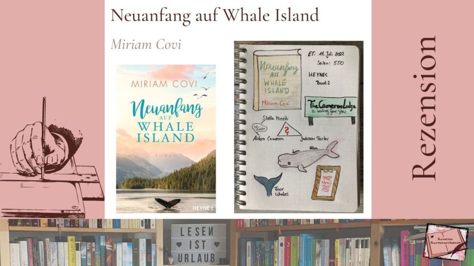 Cover und Sketchnotes zur Rezension vom Liebesroman: Neuanfang auf Whale Island von Miriam Covi